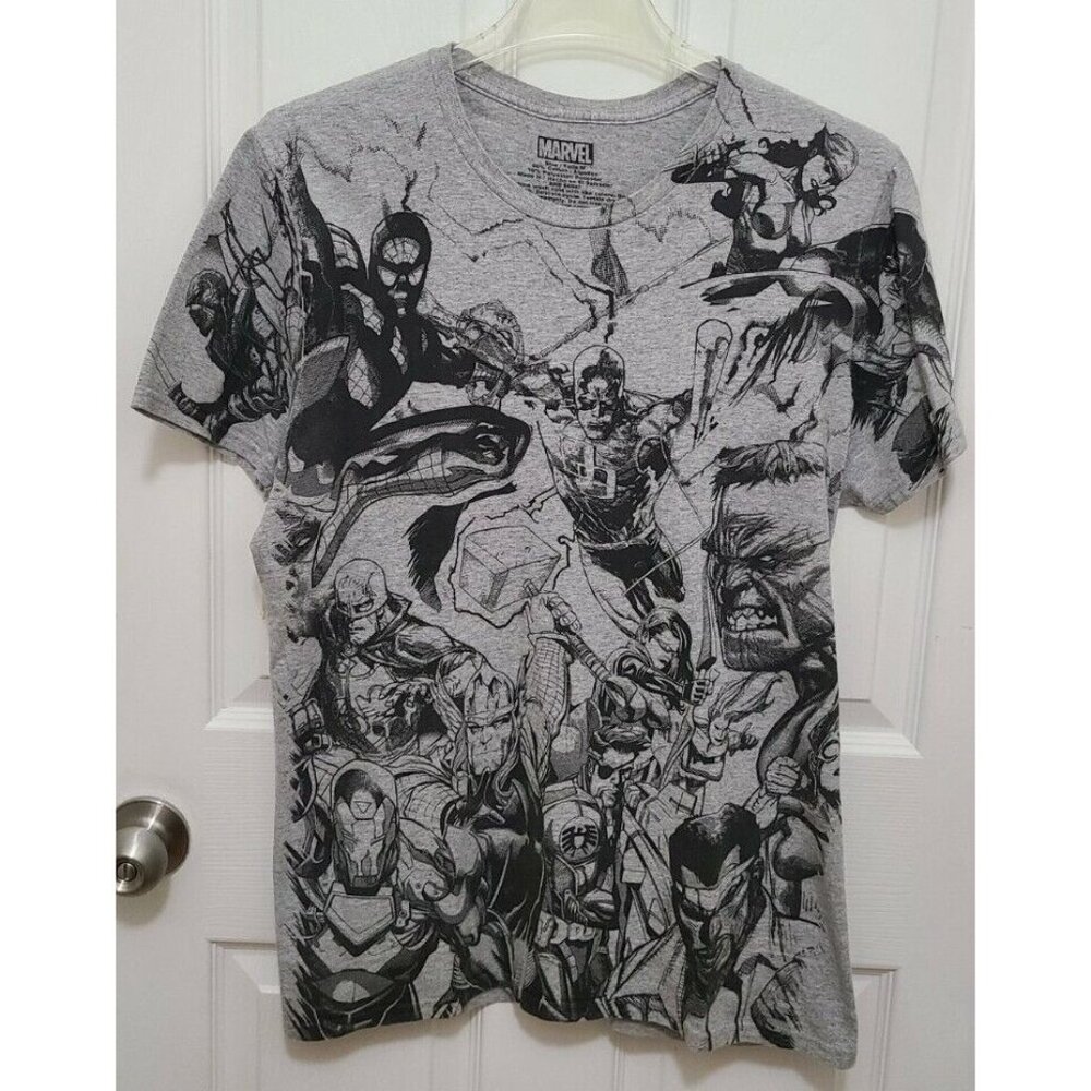 Marvel Comics Avengers Short Sleeve T Shirt AOP Sketch Print Gray Superhero Sz M